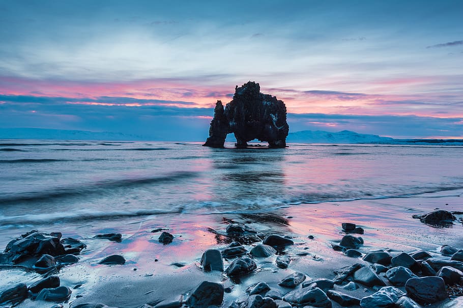 islândia, costa, mar, espelhamento, nascer do sol, céu, agua, pôr do sol, rocha, objeto de rocha