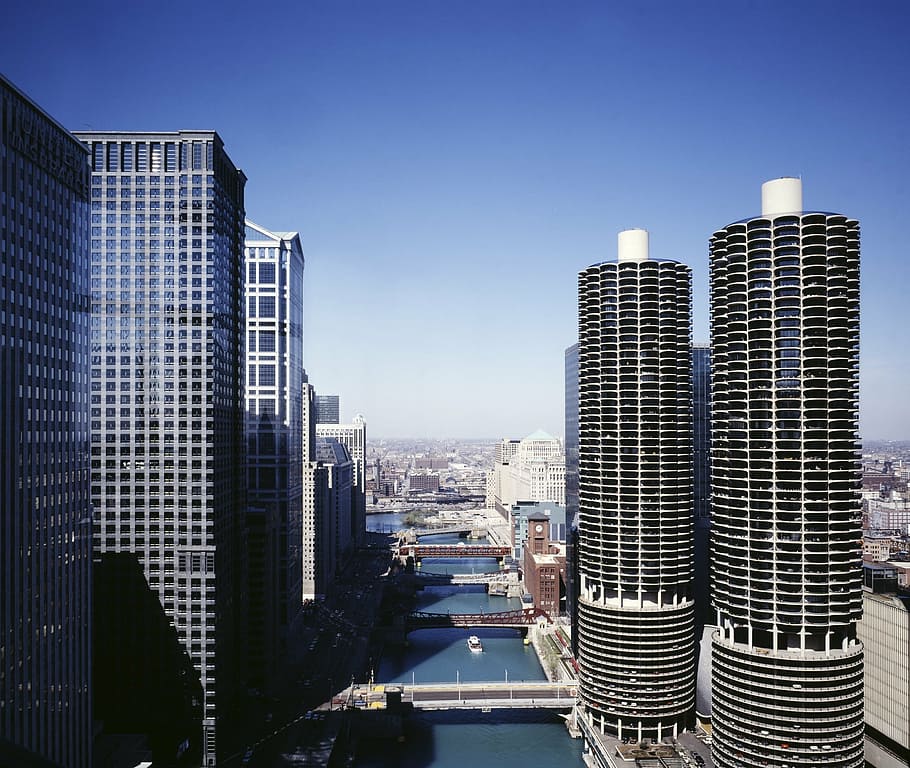 alto, edificios de altura, cuerpo, agua, azul, cielo, chicago, horizonte, arquitectura, rascacielos