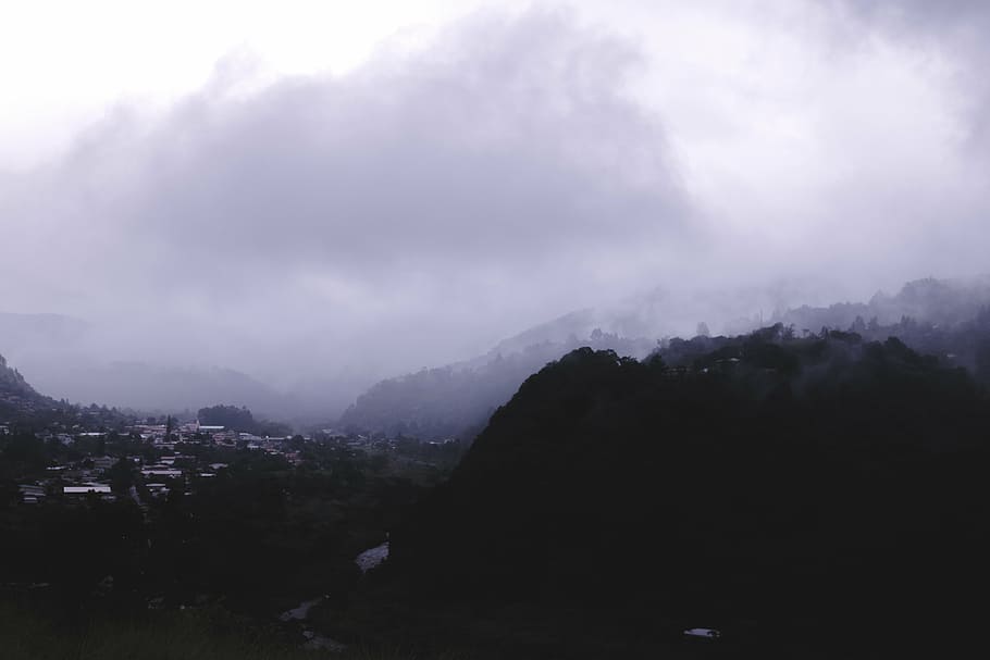 alto, foto de ángulo, montaña, cubierto, nieblas, montañas, casas, niebla, oscuro, árboles