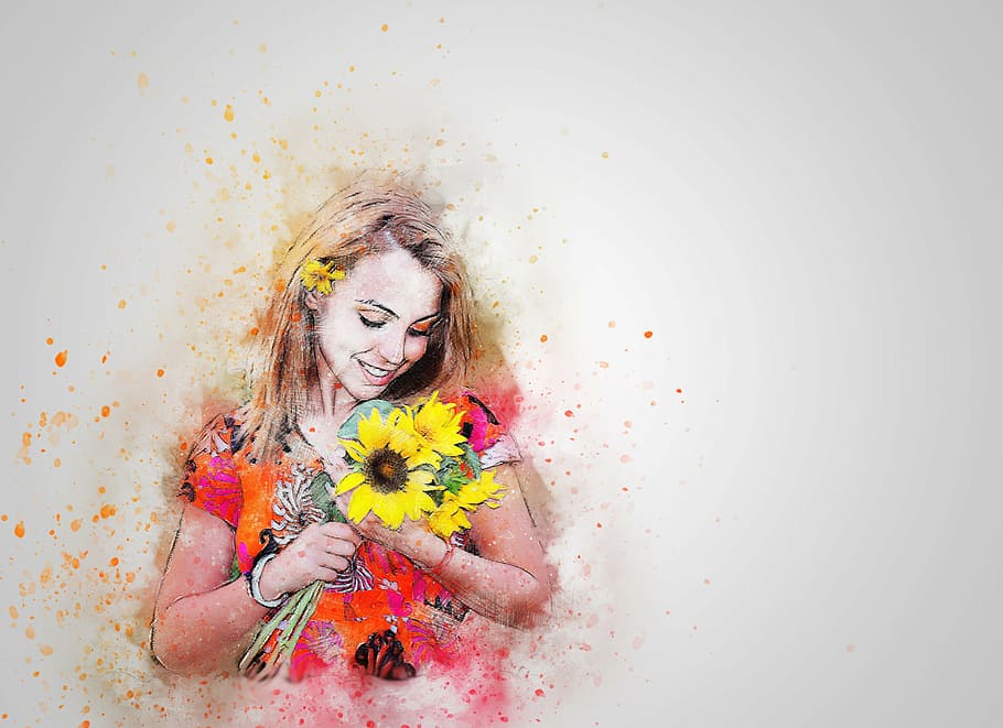 woman, holding, sunflowers painting, girl, sunflower, happy, hair, art, abstract, fashion