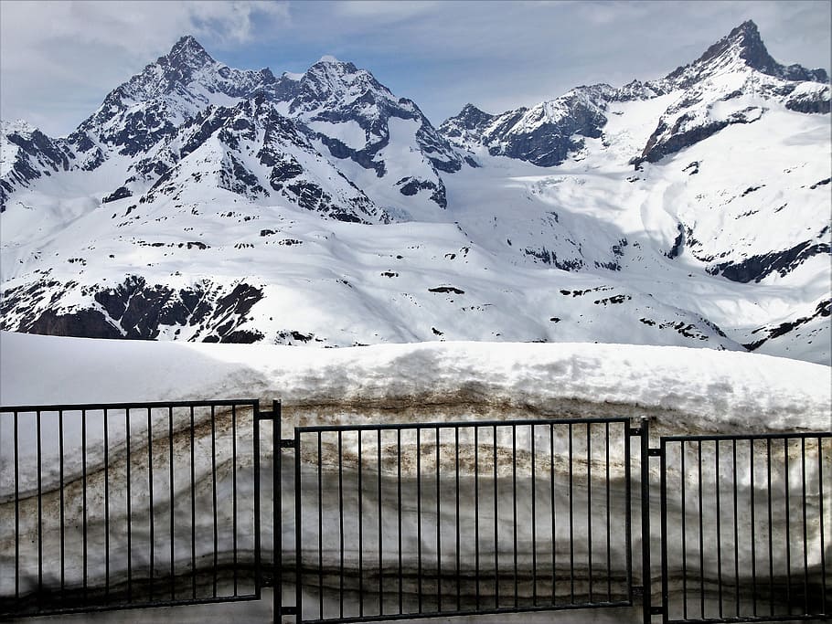 snow, covered, mountain, daytime, tops, the alps, zermatt, railway station, peron, crash barrier