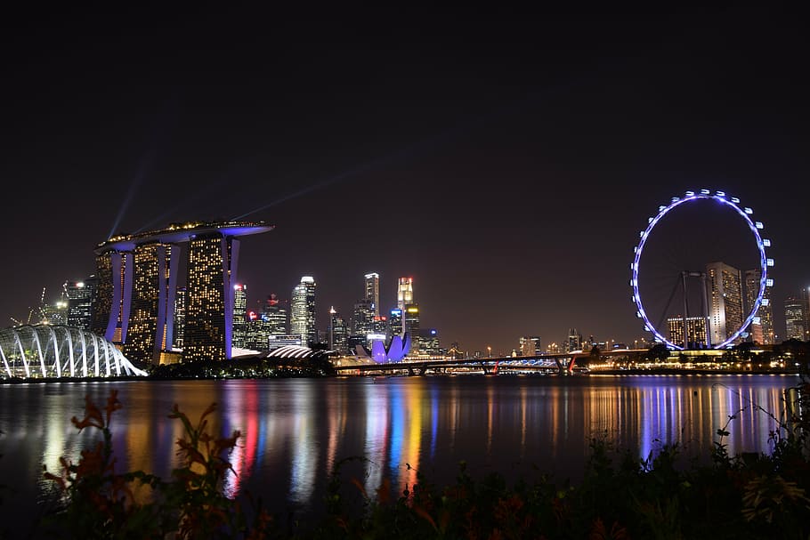cakrawala kota london, malam, marina bay, taman di tepi teluk, singapura, taman, berwarna-warni, arsitektur, struktur yang dibangun, diterangi