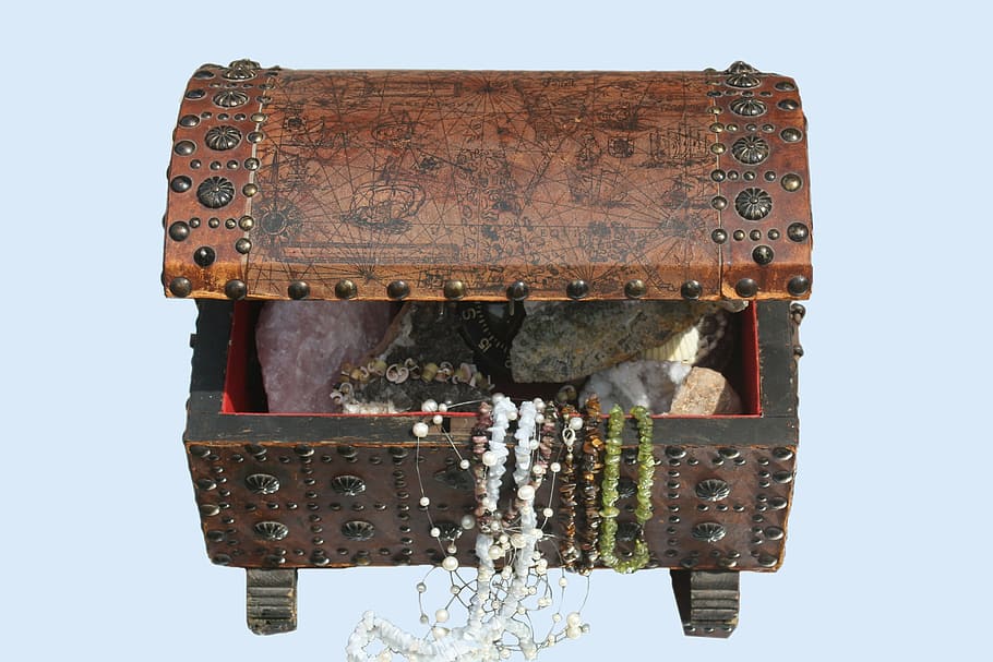 treasure chest, chest, gems, box, open, decoration, jewellery, chains, isolated, light blue