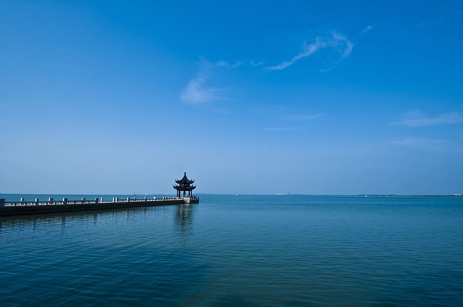 suzhou, start garden, pier, chinese ancient architecture, cornice brackets, sky, taihu lake, water, sea, blue