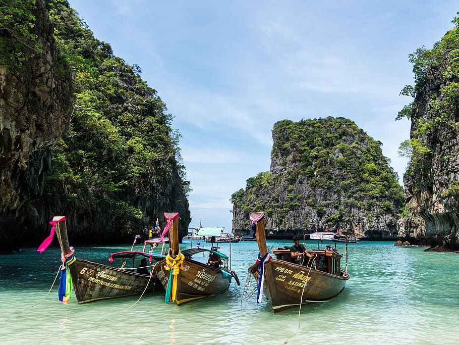 three, brown, motorboats dock, seashore, thailand, phuket, koh phi phi, island tour, colorful boats, beach