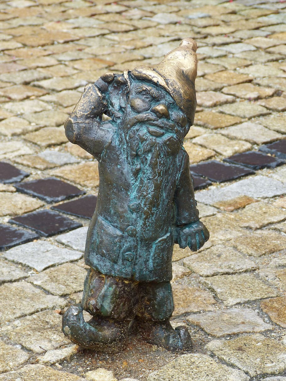 dwarf, gnome, kobold, figure, funny, fabric, cheeky, sculpture, metal, bronze