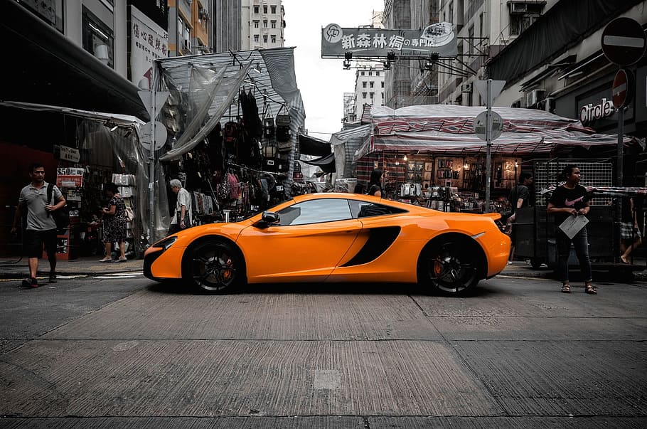 orange, supercar, along, street, daytime, maclaren, car, city, hongkong, urban
