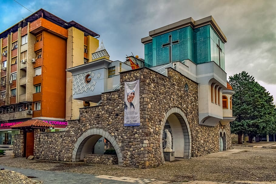 mother teresa museum, skopje, north macedonia, travel, building, architecture, built structure, building exterior, cloud - sky, sky