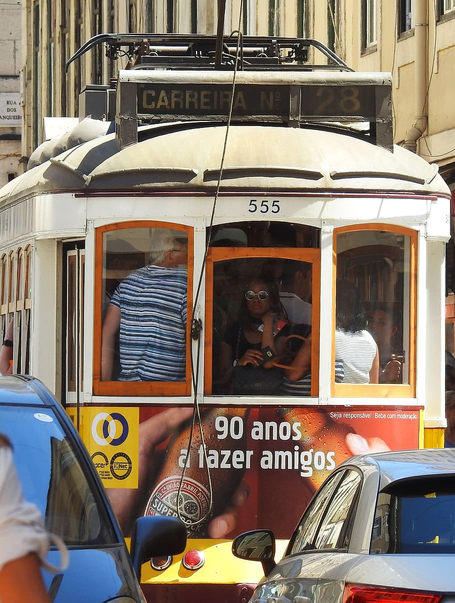 lisbon, tram, portugal, mode of transportation, transportation, land vehicle, public transportation, window, day, car