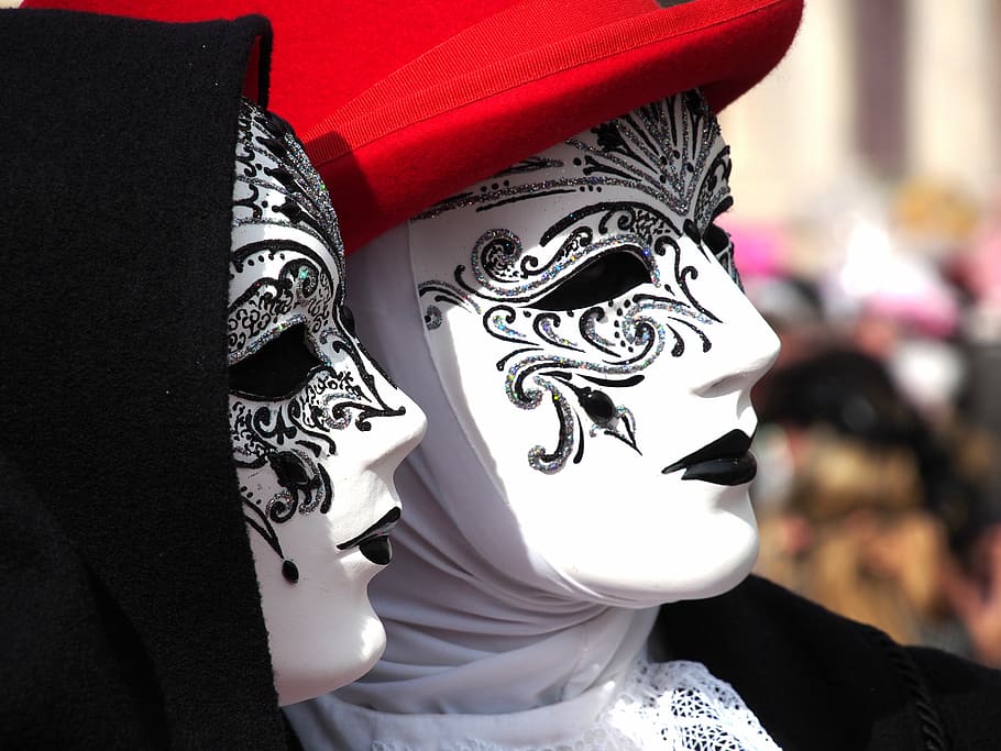 two, person, wearing, masquerade masks, carnival, venice, mask, italy, costume, panel