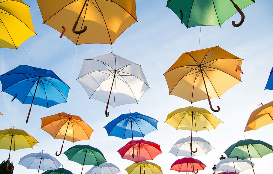 assorted-color umbrella, umbrellas, sunshades, cover, colorful, umbrella, rain, beach umbrella, protection, sheltering