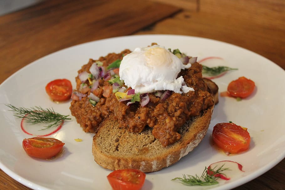food, beef, mince, poached egg, rye open sandwich, health, nutrition, meal, eat, restaurant