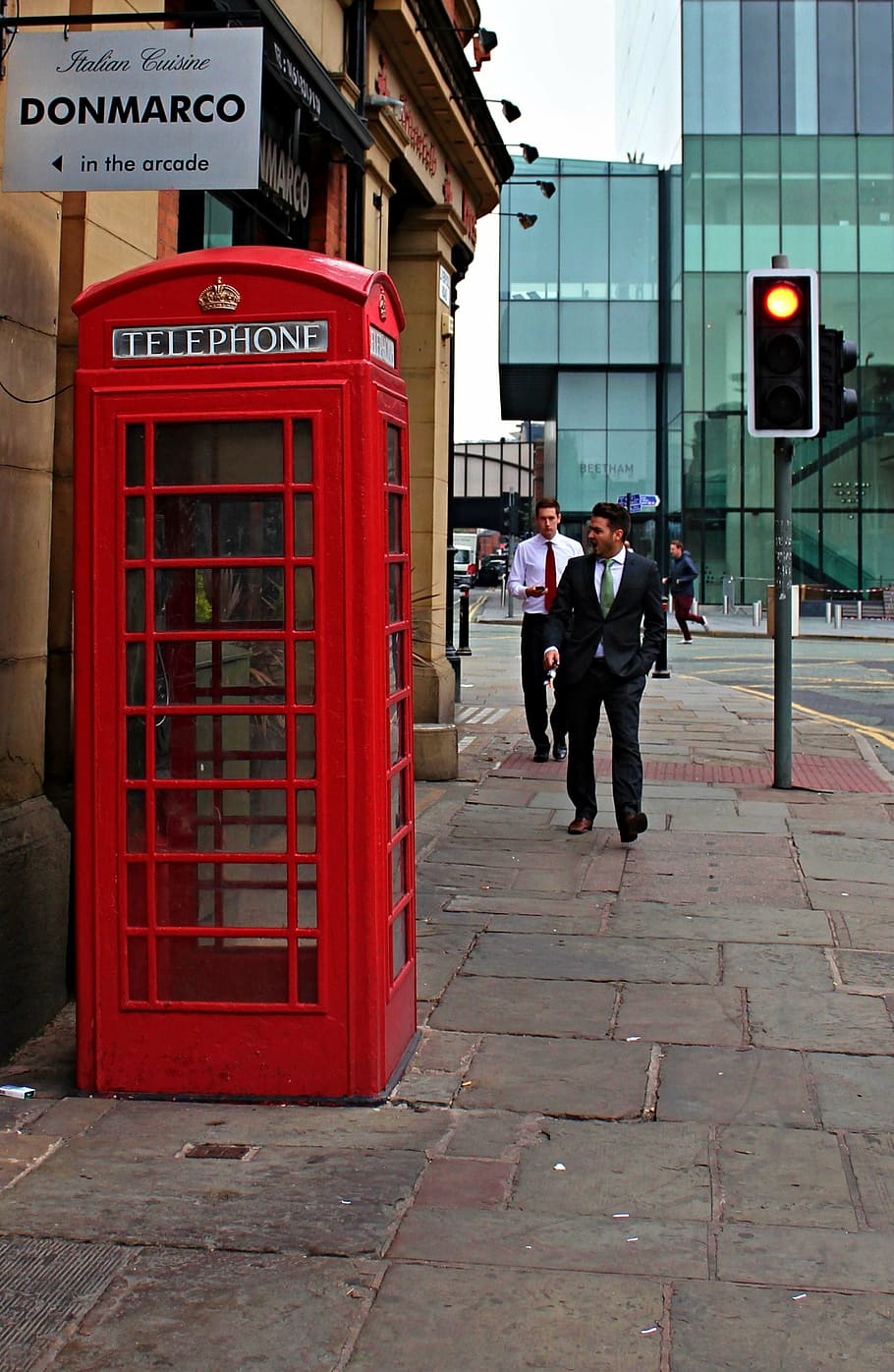phone, red, city, england, manchester, architecture, building exterior, men, built structure, full length