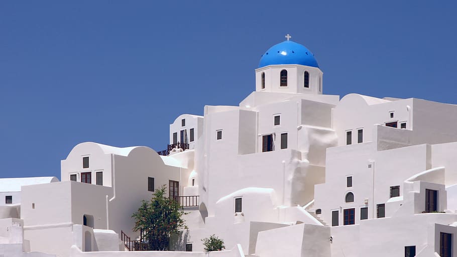 white, blue, dome building, daytime, santorini, greece, architecture, cyclades, cyclades Islands, oia