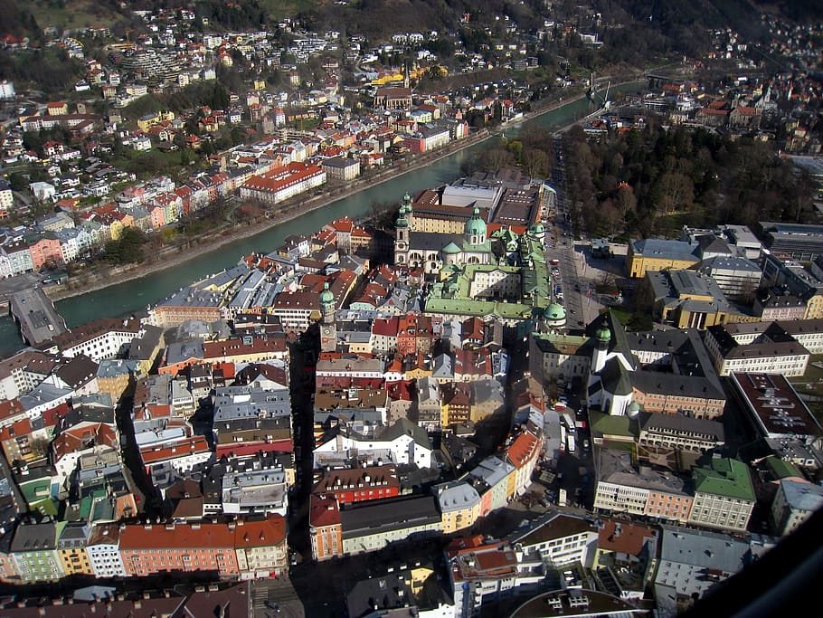 high angle photo, innsbruck, austria, europe, city, architecture, building, roadway, river, buildings