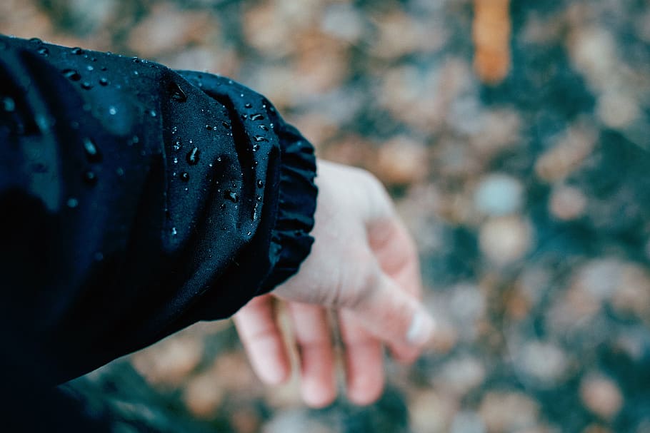 selective, focus photography, left, human, hand, people, hands, jacket, water, droplets