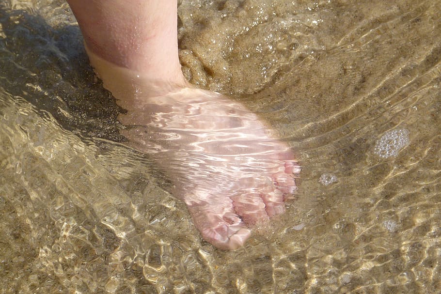 pé, praia, areia, onda, criança, molhar os pés, molhar, banheiro, mar, parte do corpo humano
