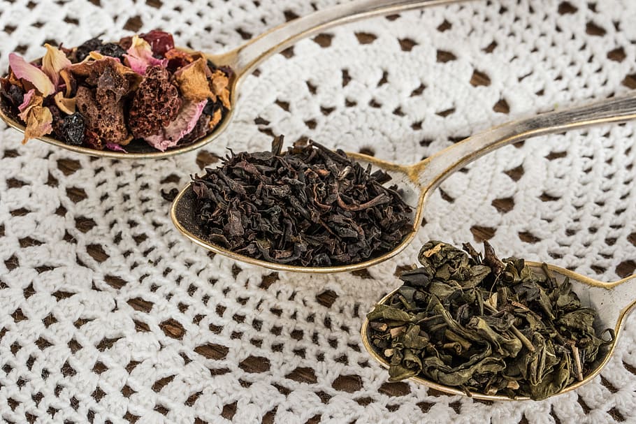 three, gray, steel spoons, filled, foods, tea leaf, black tea, green tea, fruit tea, teaspoon