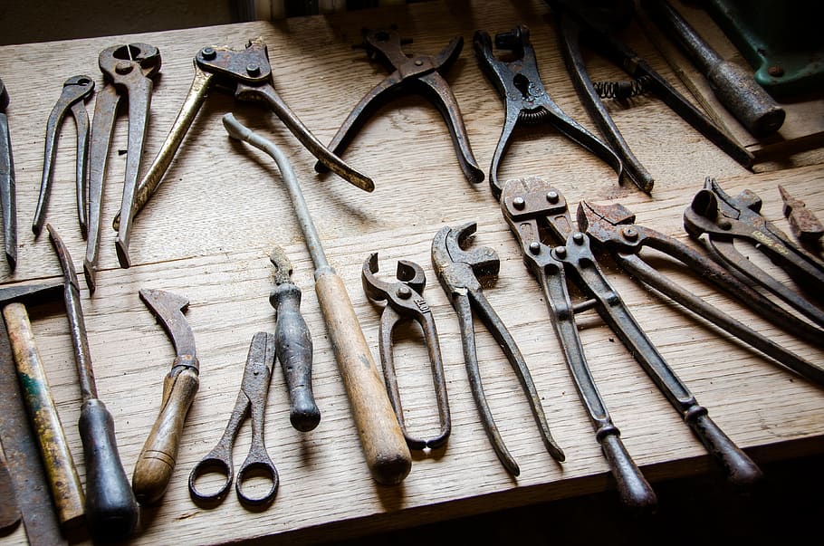 ferramenta, madeira, metal, tesoura, tang, sapateiro, artesanato, dentro de casa, grande grupo de objetos, escolha