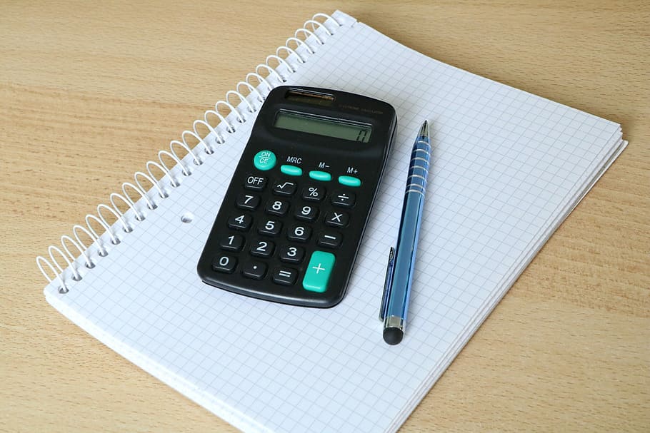 Block, Pen, Solar Calculator, calculator, white, business, office, work, workplace, desk