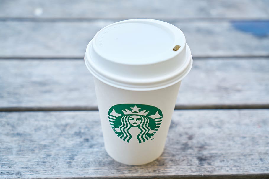 starbucks, disposable, cup, brown, wooden, surface, glass, coffee, hot, nutrition