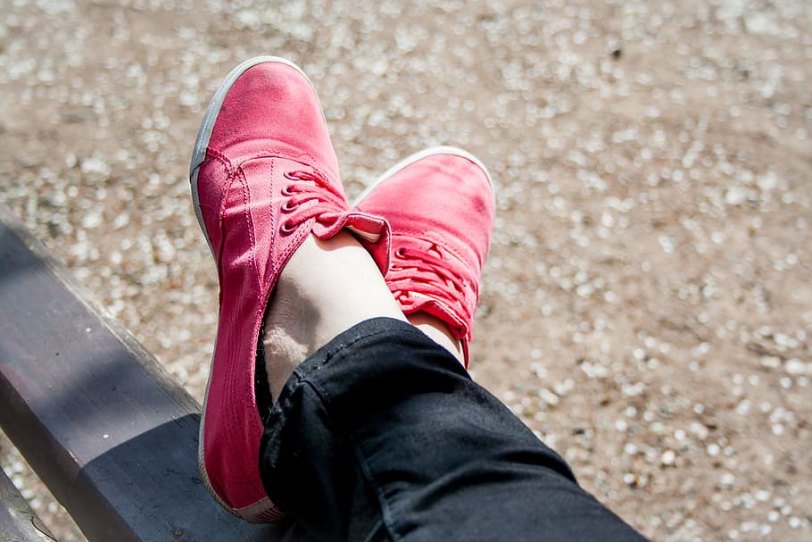 person, wearing, pair, red, shoes, park, bank, legs, high, relax