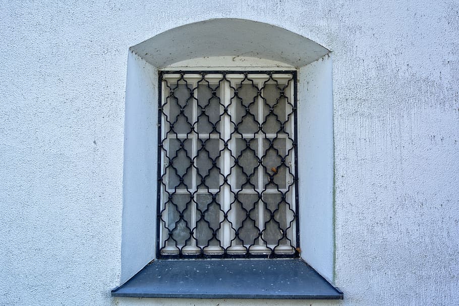 janela, grades de janela, grade, velho, fachada, grelha, metal, parede, segurança, ferro forjado