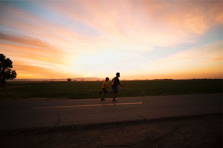 two, boys, running, road, golden, hour, person, walking, street, sunset