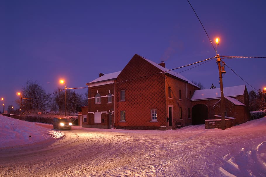 crossroad, winter, dusk, light, car passing, head lights, outdoors, cold, snow, covered