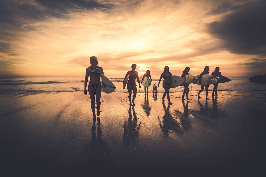 womans day, women, girls, surfers, surfing, sunset, beach ocean, life, silhouette, travel