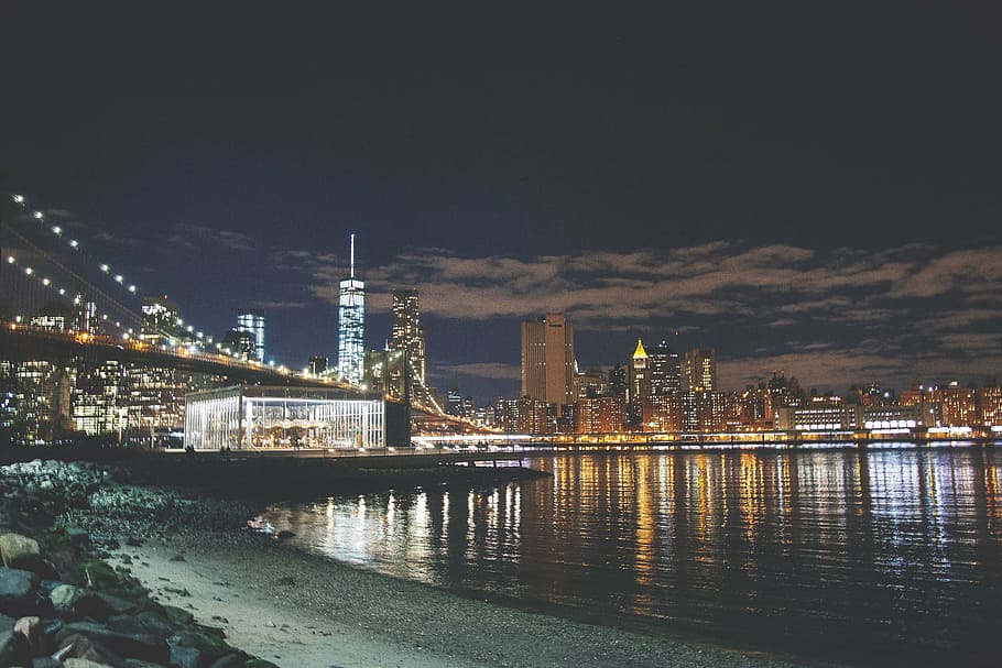 ブルックリン橋, 夜間, 暗い, 夜, 都市, 建物, インフラストラクチャ, 構造, 建築, ライト