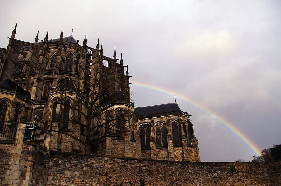 concrete, castle, Cathedral, France, Le Mans, Rainbow, architecture, built structure, cloud - sky, day