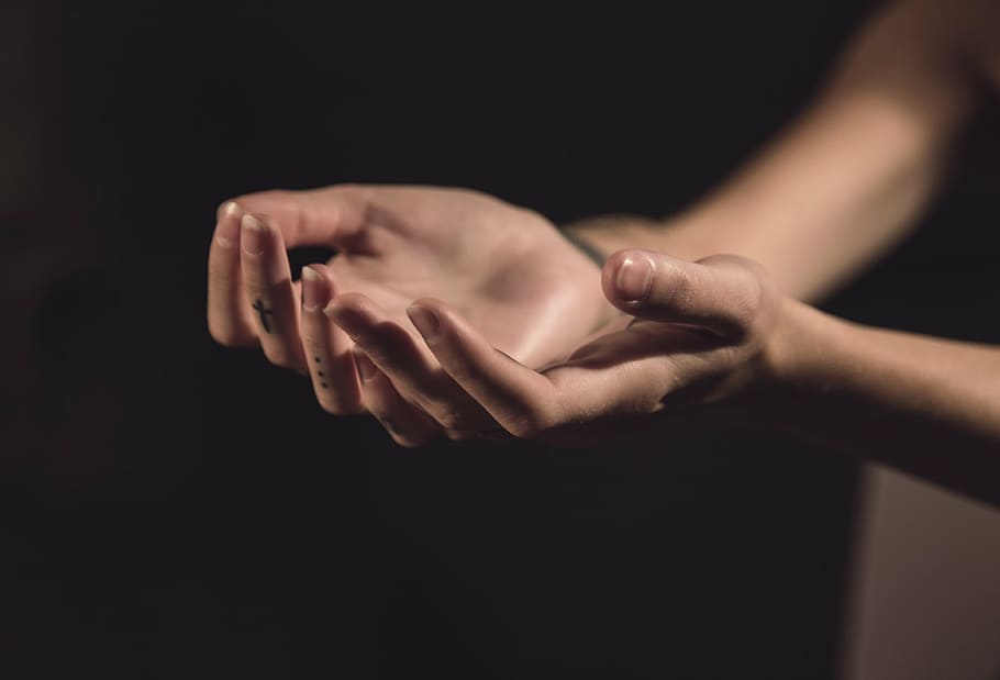 pessoa, mostrando, mãos, palma, palmas, vazio, mão humana, parte do corpo humano, fundo preto, tiro do estúdio