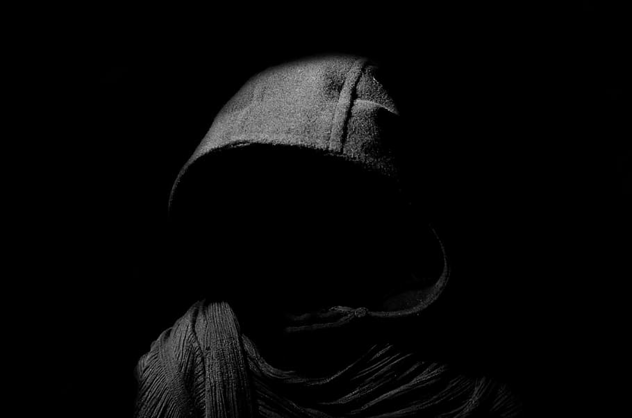 person, wearing, gray, hoodie, inside, dark, room, death, darkness, hood