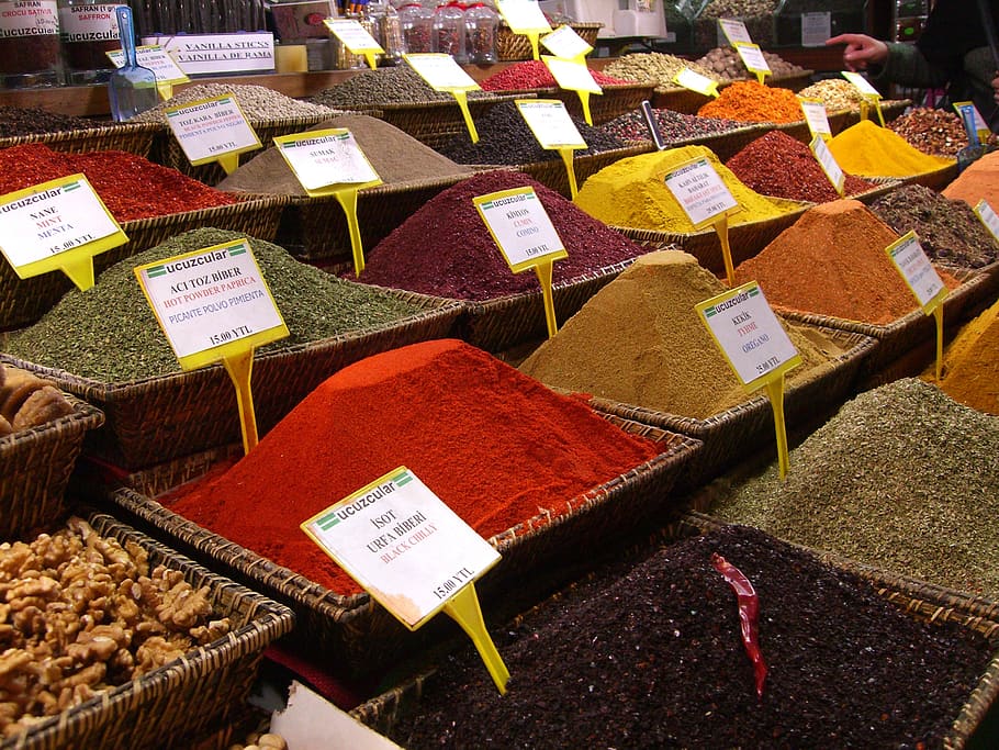 rempah-rempah, istanbul, bazaar, kari, k prabha, teks, pilihan, pasar, makanan, label harga