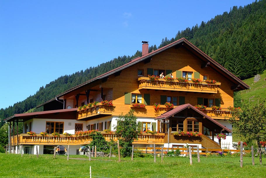 marrón, pintado, 3 pisos, casa de 3 pisos, rodeado, árboles, Balderschwang, Alpes, Choza, Restaurante