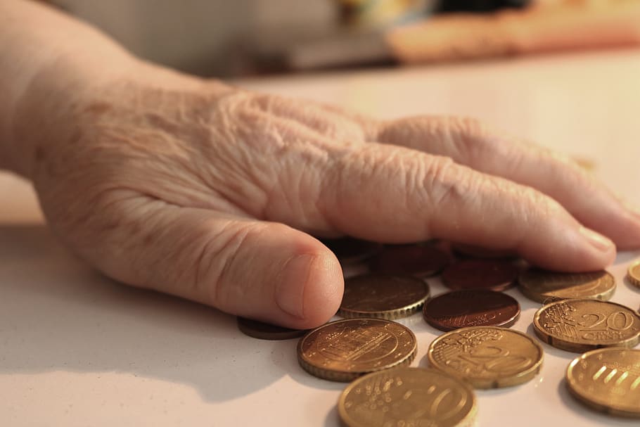 person, touching, coins, white, table, Pension, Poverty, Life, Struggle, life struggle
