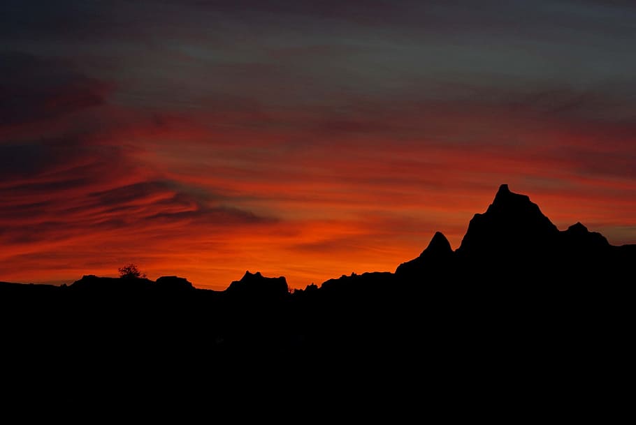 silhouette, mountain, orange, skies, sunset, landscape, rocks, silhouettes, dusk, evening
