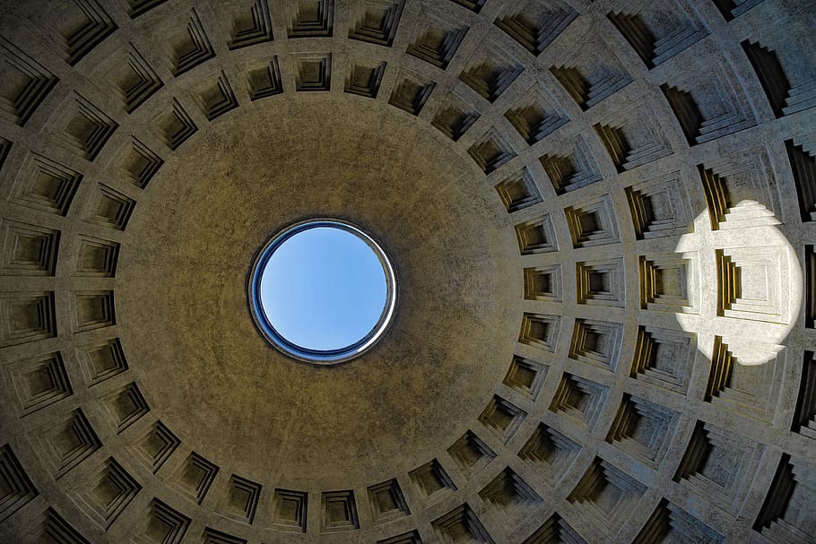baixo, foto do ângulo, concreto, construção, interior, panteão, roma, itália, arquitetura, histórico