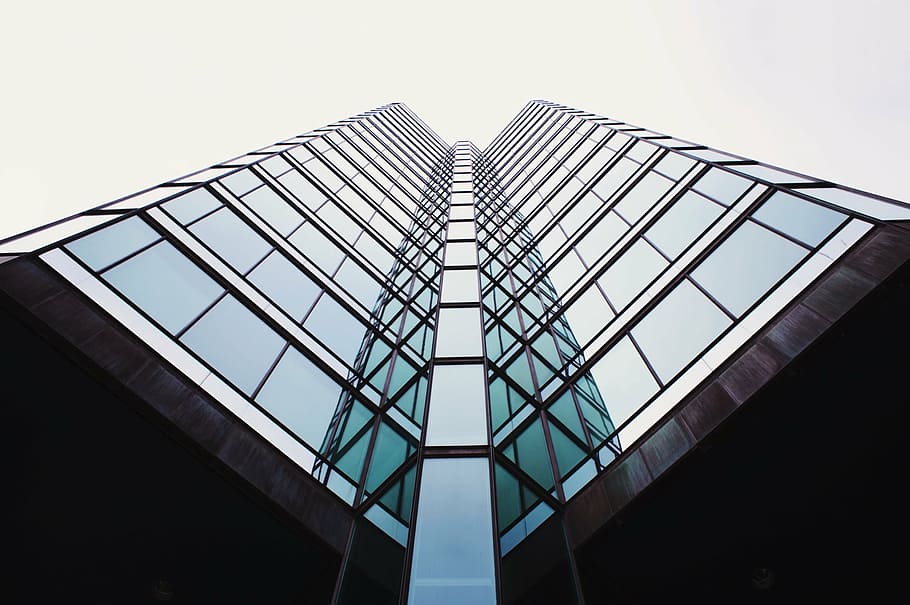 architectural, photography, glass building, low, angle, view, glass, shield, high, rise