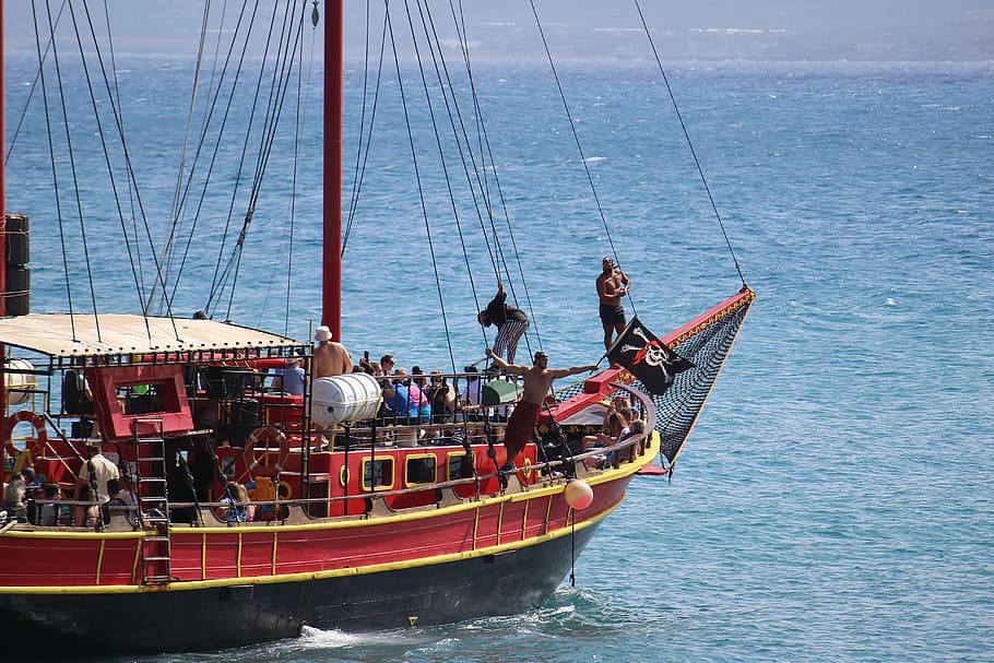 sea, ship, summer, pirates of the, skull, travel, nautical vessel, transportation, water, group of people