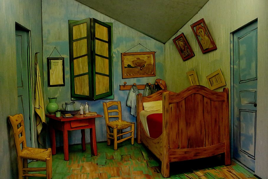 brown, bed, red, table, chairs painting, sculpture, grounds for sculpture, new jersey, van gogh, room