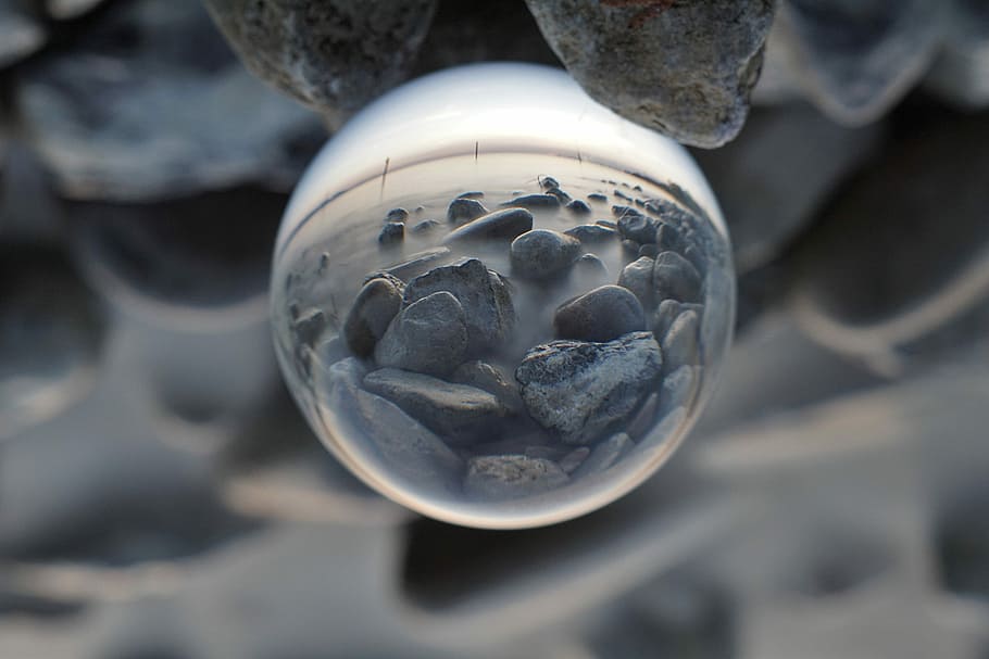 background, glass ball, ball, stones, lake, lake constance, water, mirroring, glass, transparent
