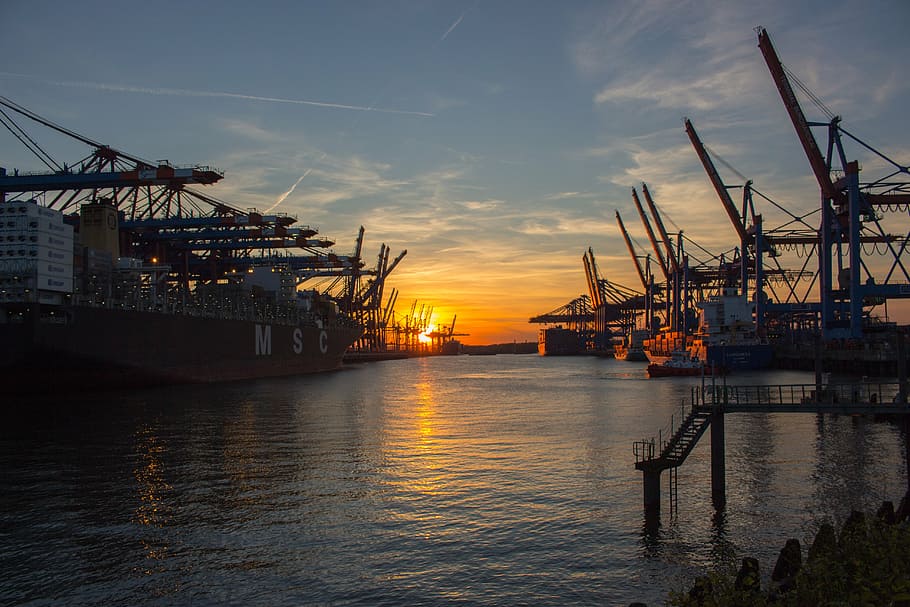 shipyard during sunset, hamburg, port, hamburg port, harbour cranes, ships, water, sunset, sun, evening