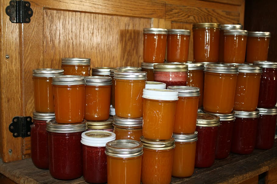 glass jar lot, countertop, jam, jelly, jar, food, homemade, fruit, marmalade, preserve