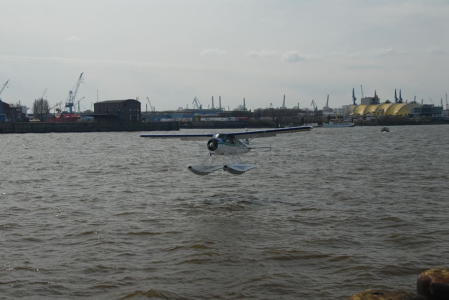 Hamburgo, puerto, avión, hidroavión, Elba, aterrizaje, castor, agua, frente al mar, mar