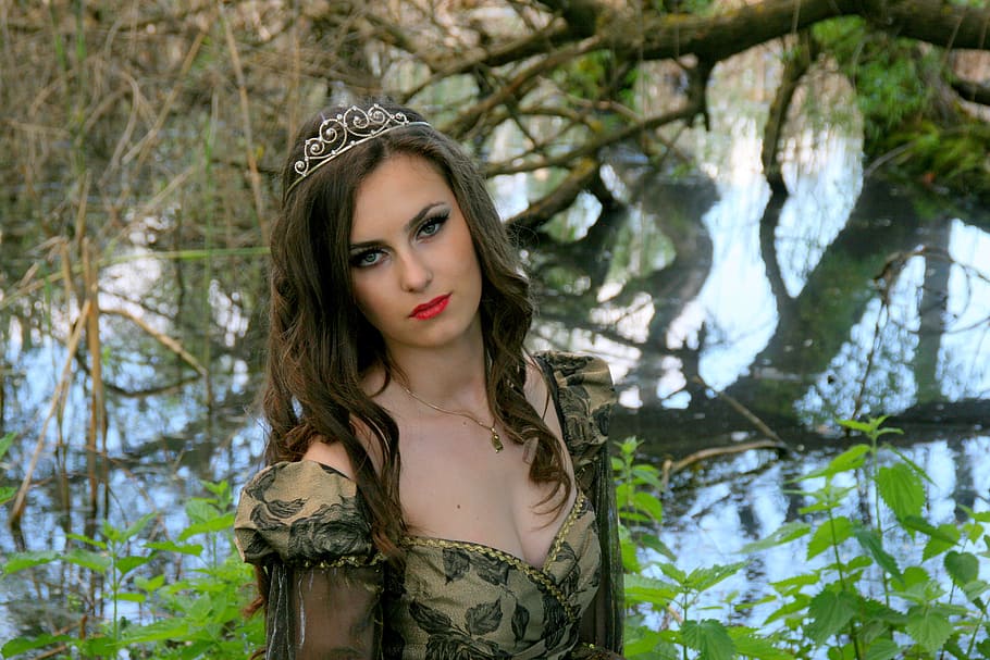 woman, wearing, tiara crown, girl, princess, dress, forest, lake, wreath, beauty