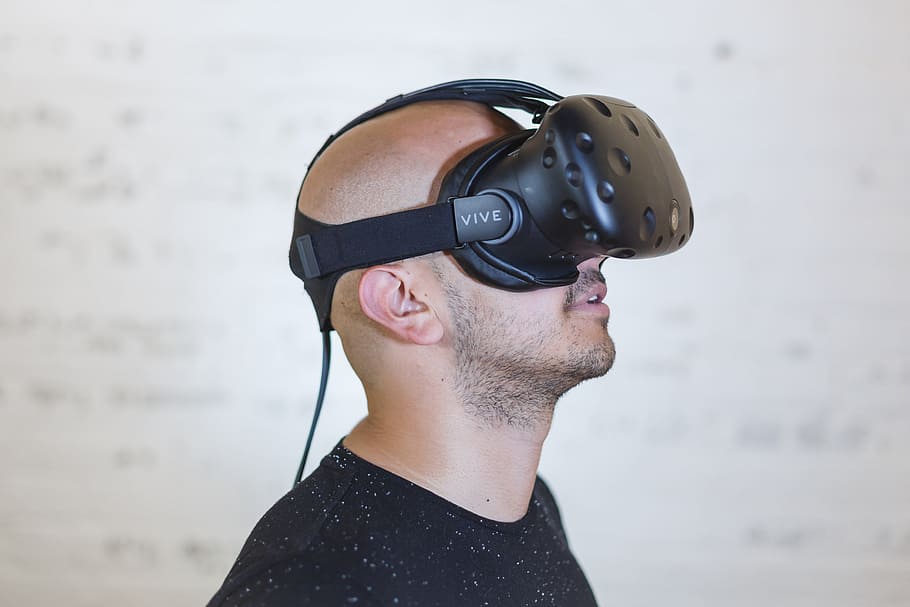 man, wearing, virtual, reality headset, people, guy, mustache, virtual reality, vr, video