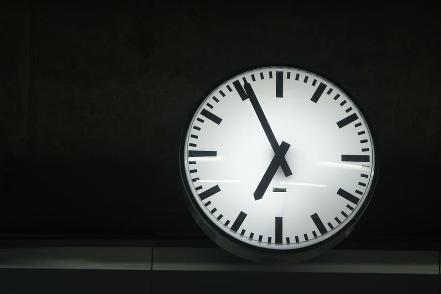 white, black, analog clock, time, clock, evening, night, day, seven, six