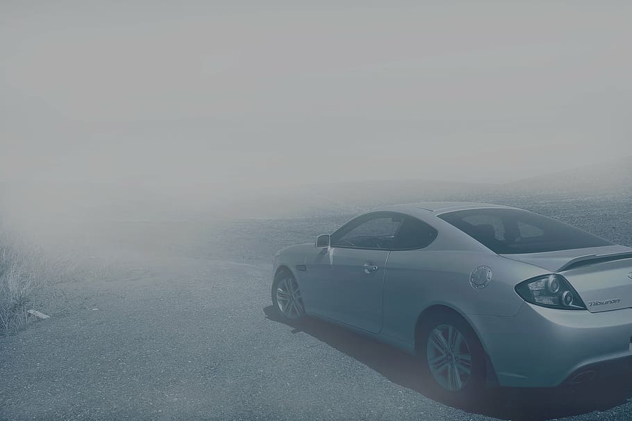 silver coupe, parked, foggy, field, car, vehicle, transportation, road, travel, adventure